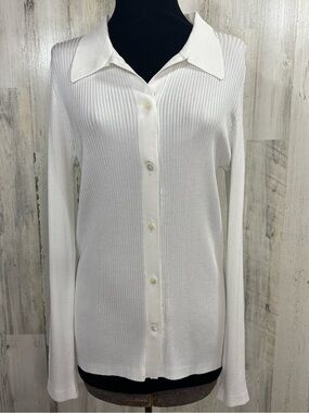 Babaton White Ribbed Knit Button-Up Cardigan